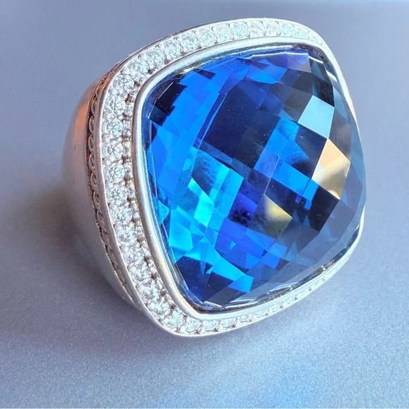 David Yurman Albion Ring 20mm Blue Topaz and Diamonds in Sterling Silver - Picture 2 of 10